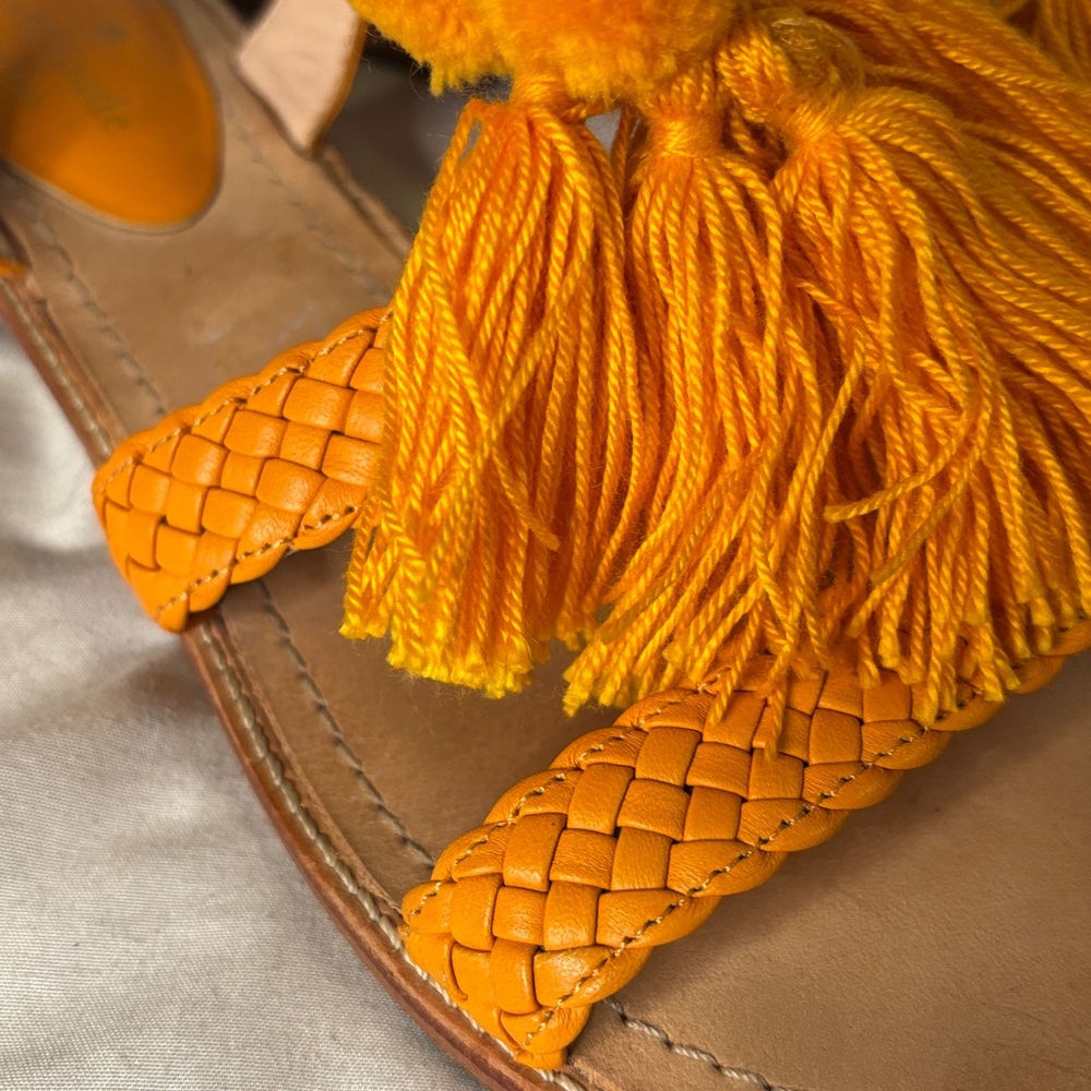 Kate Spade Pom Pom Tassel Flat Leather Sandals Orange Size 10 - Picture 4 of 7